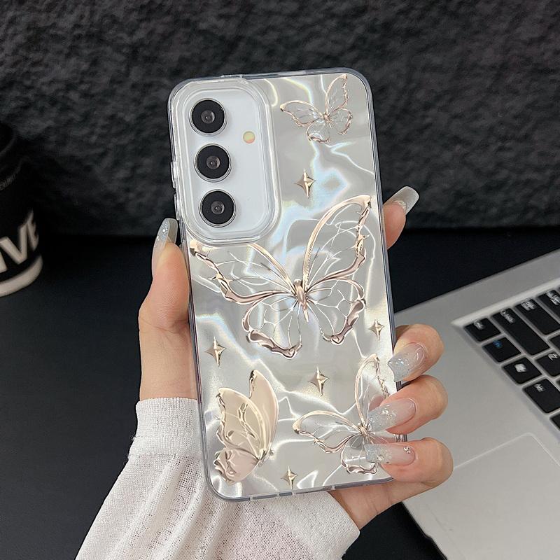 Laser Phone Case For Samsung Galaxy S25 S24 S23 Ultra S24 FE S22 Plus A55 A15 A16 A35 A25 A54 A56 5G Gold Butterfly Print Cover