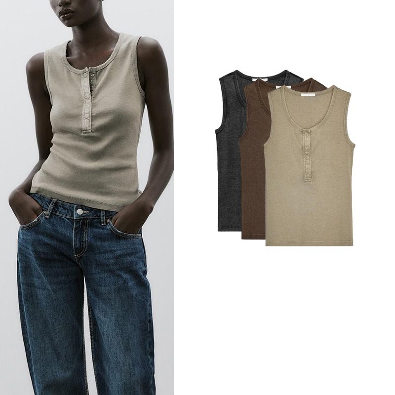 Spring and Summer New Women's Clothing Cotton Blended Multi-Color Washed Rib Vest round Neck Sleeveless Tops 3253338