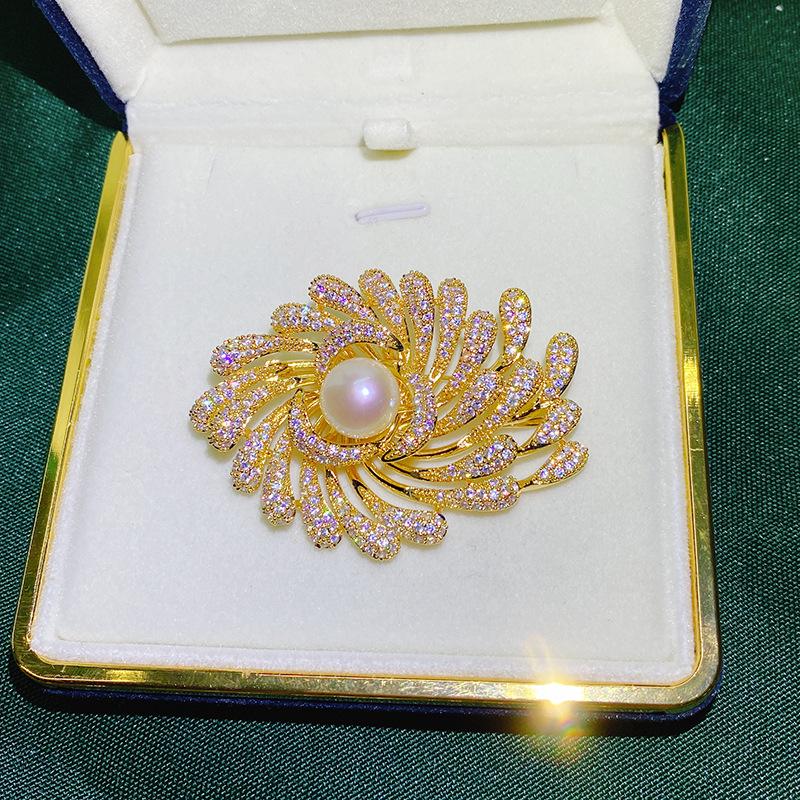 DIY Copper-Plated Gold Zircon Sunflower Brooch with Pearl Corsage Setting