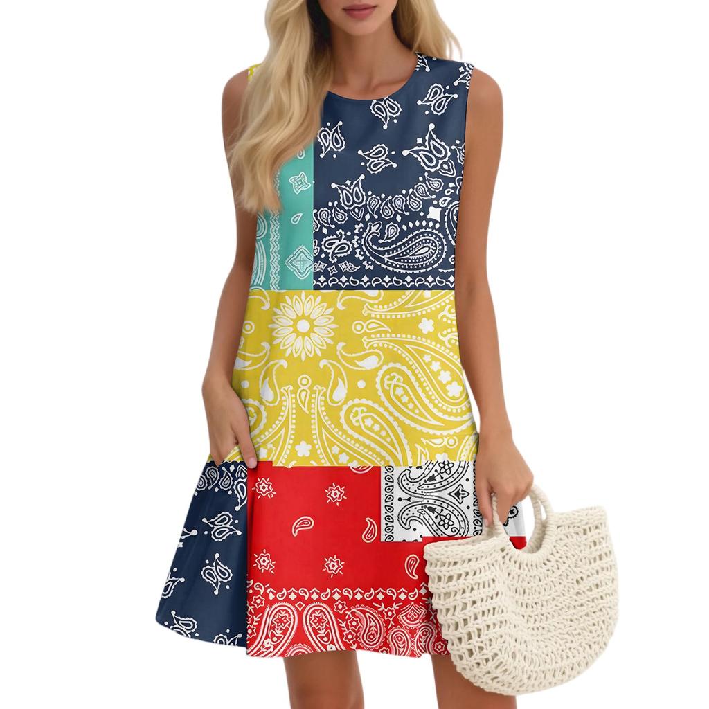 Women's Casual Fashion Breathable Round Neck Vest Floral Holiday Dress With Pockets