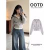 Womens Gray Casual 2-Piece Set 2026 Korean Style Hooded Cropped Sweatshirt Wide-Leg Pants