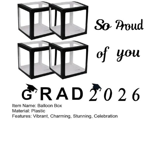 4 ks Krabice na balónky k promoci 2026 Tak hrdý na tebe Černá krabice na balónky s písmeny pro třídu 2026 Potřeby na promoční párty