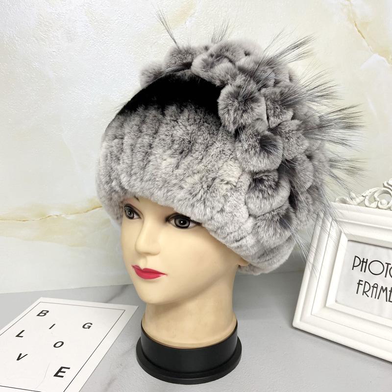 New Natural Rabbit Fur Hats for Women Striped Floral Fox Fur Beanies Female Winter Warm Knitted Outdoor Thick Snow Caps Beanies