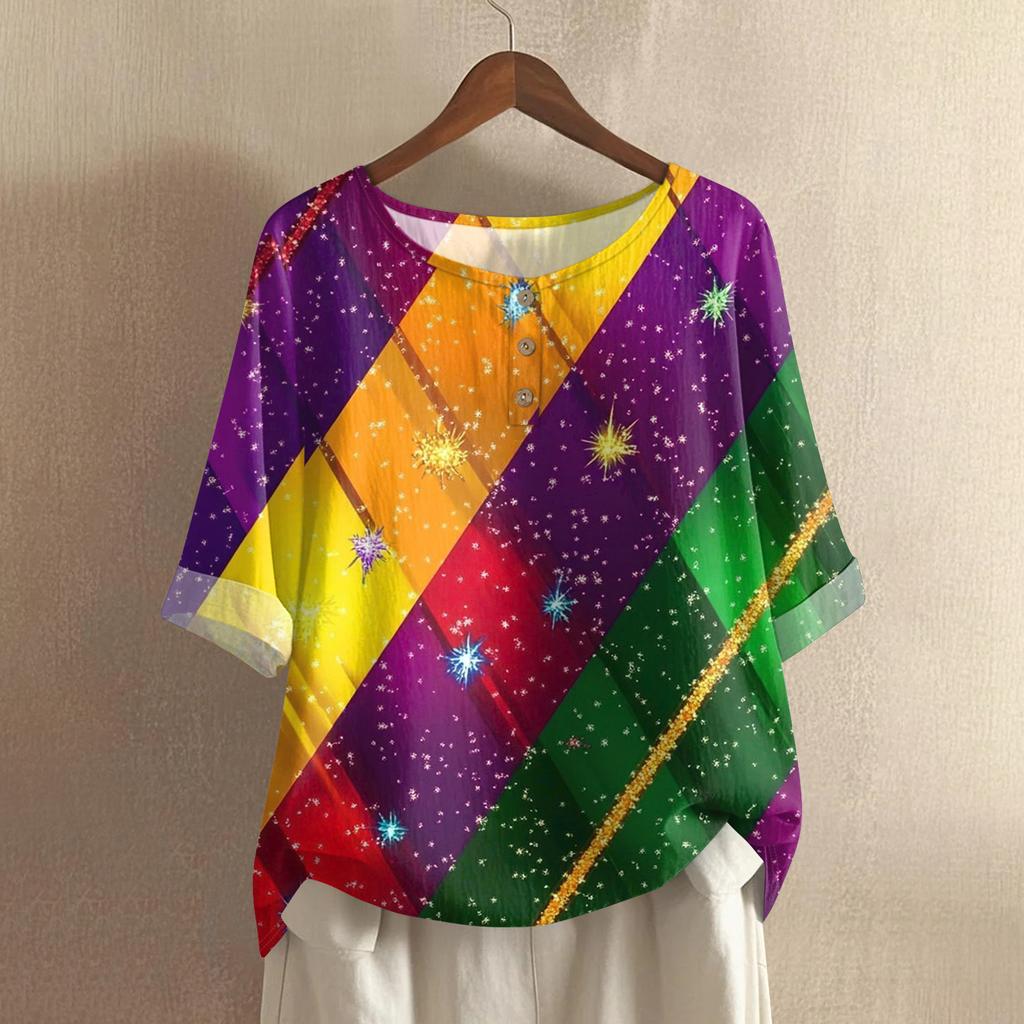 Women's Carnival Printed Casual Mid Sleeve Round Neck Cotton And Hemp Top