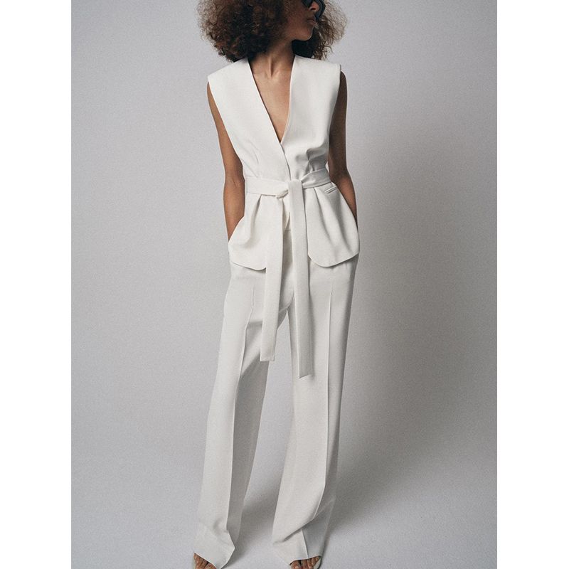 With Padded Shoulder with Belt V Neck Vest Jacket 2390198 Strap Accessories Mid Waist Flared Pants 2377198