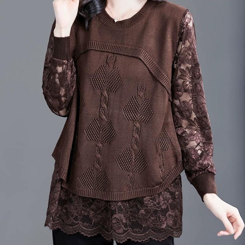 Spring Autumn Solid Jacquard Weave Long Sleeve Sweaters Women Knitting Pullovers Lace Patchwork Casual Tops Jumpers