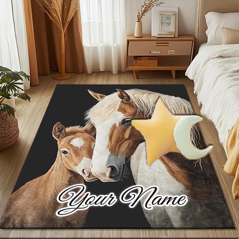 1PC Custom Name Horse Love: Mother Foal Theme Floor Mat Ideal for Living Room, Game Rooms, Office, Bedroom,Floor Mat Playful Design