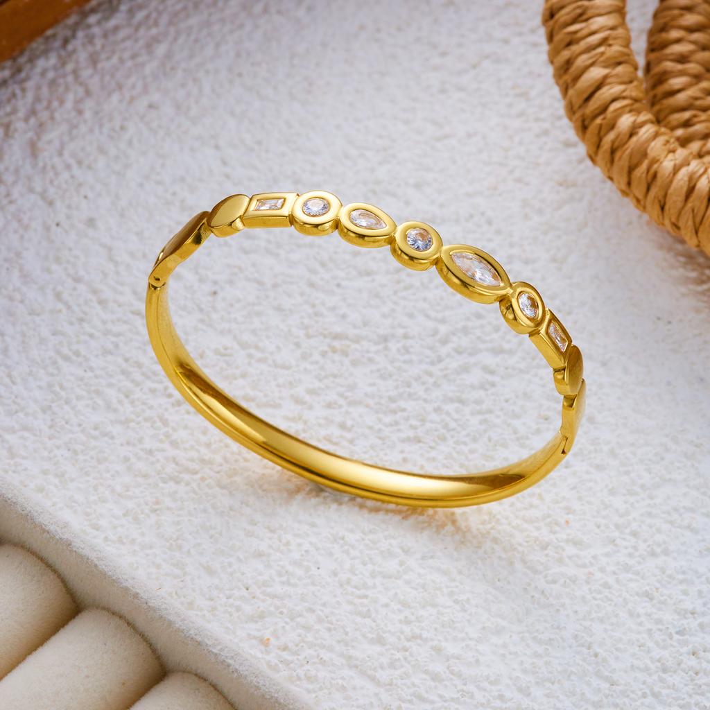 Fashion Geometric Zircon Stainless Steel Cuff Bracelets Set for Women Vintage Wave Enamel Bangle Party Jewelry Gift