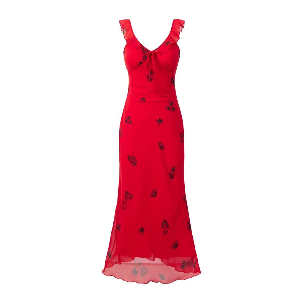 Early spring new French retro elegant slim-fit red printed fungus edge slim-fit suspender dress long dress