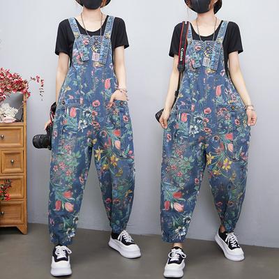 Spring and Summer Ladies Literary Large Size Spring and Autumn Printed Denim Overalls