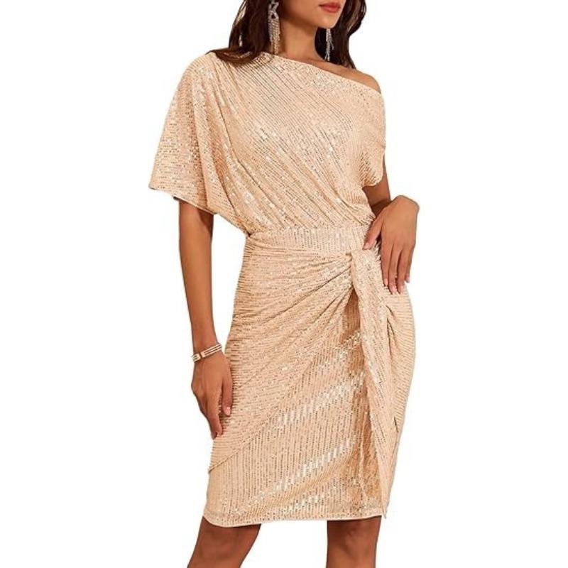 Ladies Trimmed Shiny Party Club Shoulder Folds Toast Dress Fashion Dress