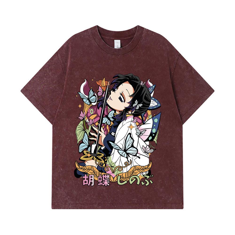 275 GSM Washed T-shirts 100% Cotton Demon Slayer V104 Shinobu Flower Print Unisex Heavy Cotton T Shirt