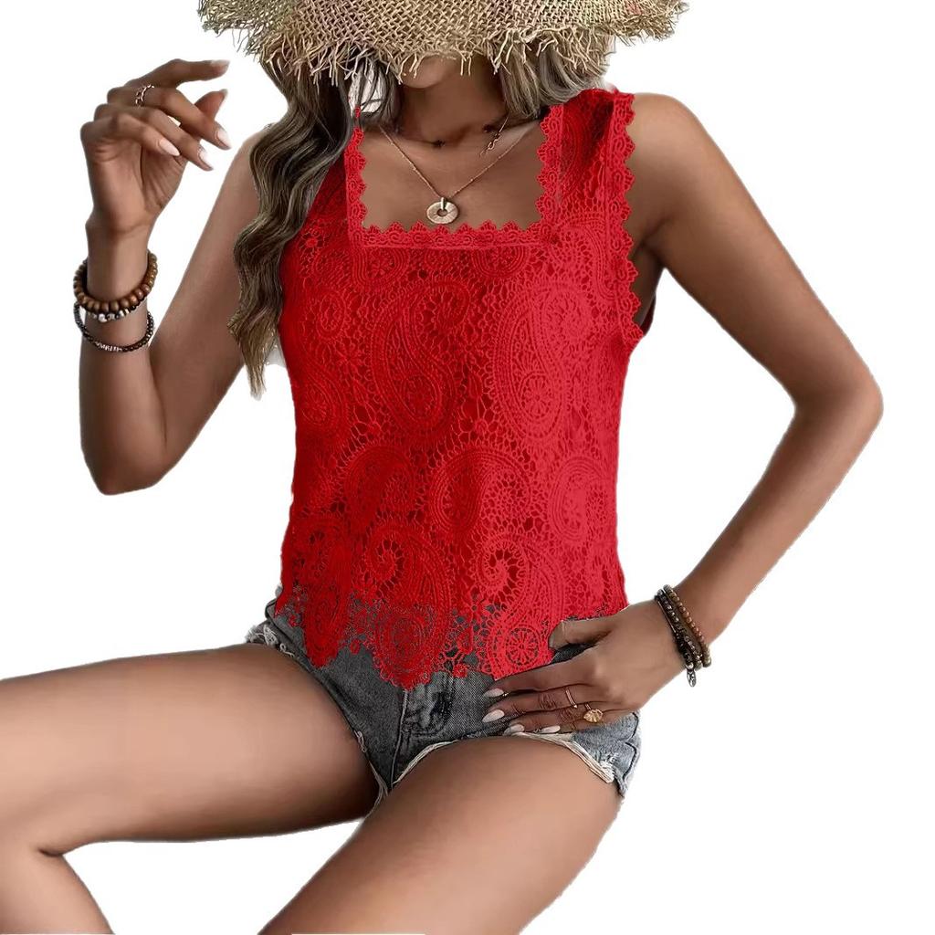 Summer New Style Sheer Backless Square-neck Sleeveless Lace T-shirt for Women