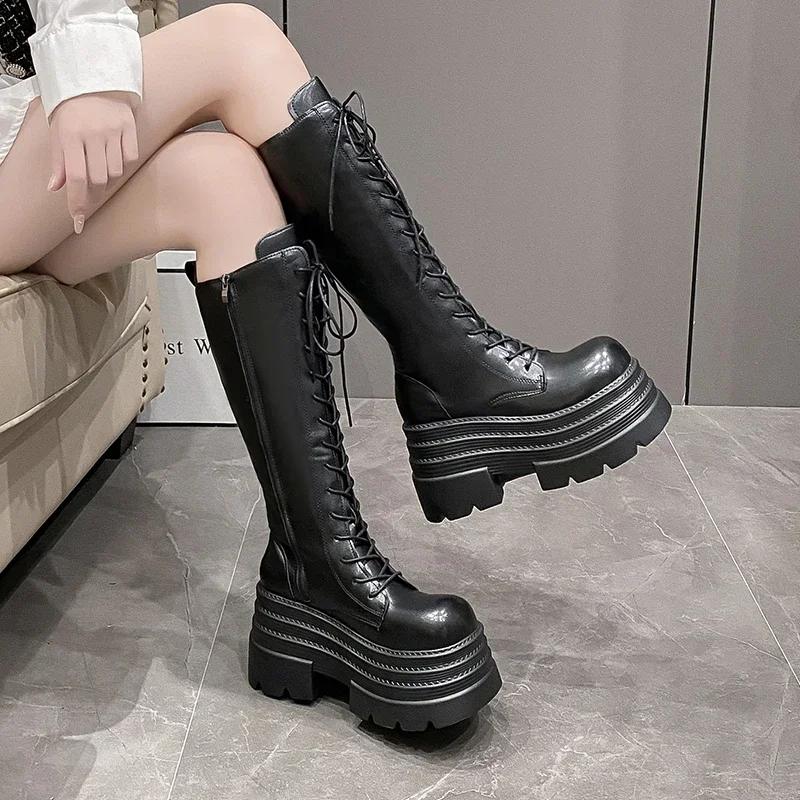 Fashion 10CM New Women's Roman Long Boots Autumn Winter Knee-high Leather Punk Shoes Chunky Platform Casual Knight Boots Botas Mujer