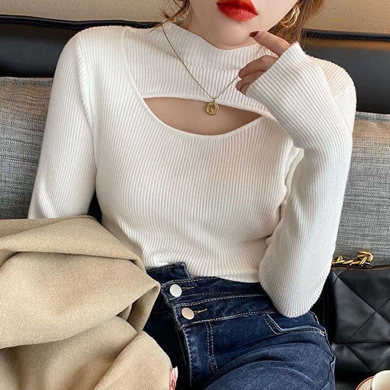 Ležérní Polorolák Pletené topy s dlouhým rukávem Módní Dutý svetr Dámské Svetry Elegantní svetr Podzimní a zimní Cothes 23955