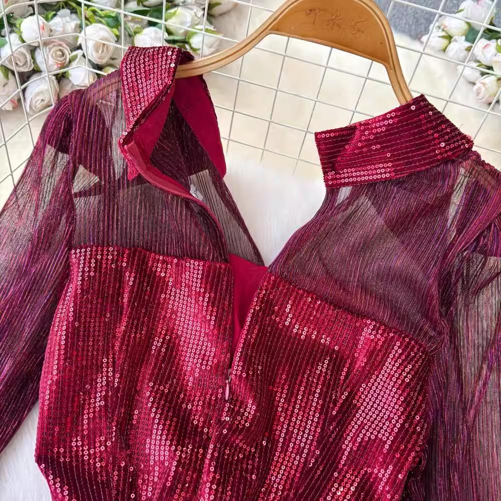 New Autumn Retro Sequins Lapel Pencil Dress Women Clothes Elegant Lady Sheer Sexy Long Sleeve Slim Short Party Birthday Vestidos