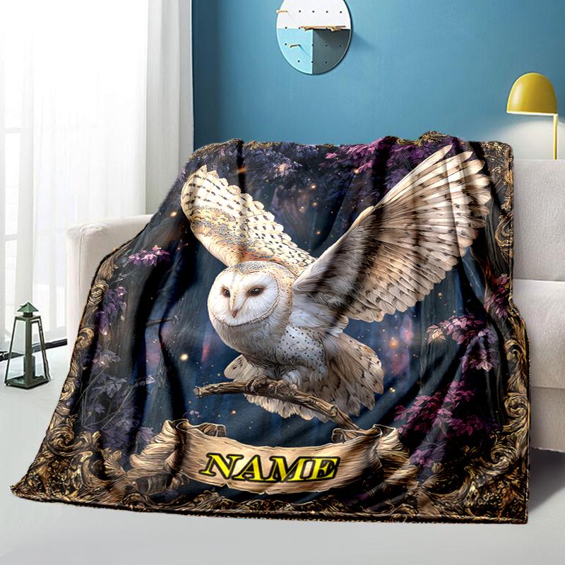 1PC Custom Name Ethereal Owl Fantasy Art Flannel blankets Patterns Throw Blanket All-Season Soft Gift for Couch, Bed, Camping gifts