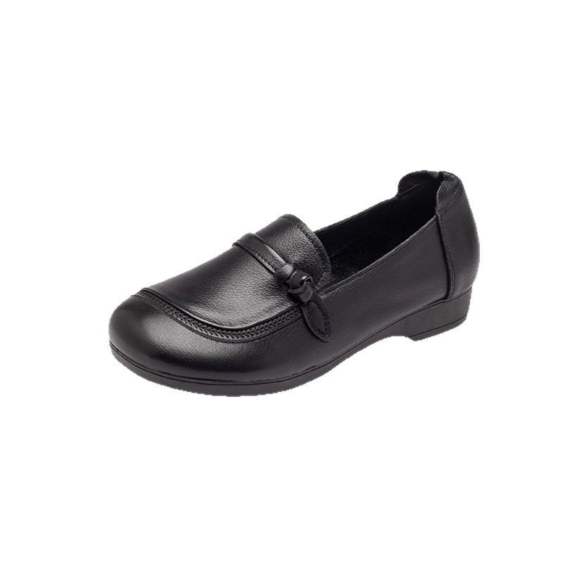 Middle-aged and Old Deep-mouth Retro Single Shoes Women's Autumn New Leather Flat-heeled Soft-soled One-pedal Round-head Mother Shoes