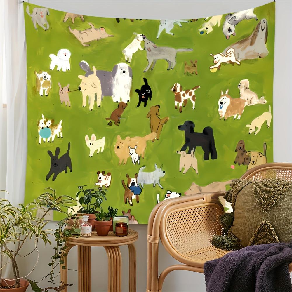 VIKAMA Cartoon Pet Tapestry Fresh Green Background with MultiBreed Dog Design Living Room Sofa Backdrop Wall Room Decor
