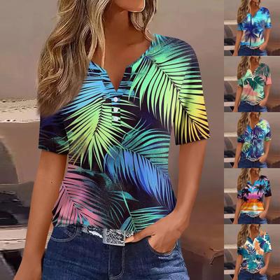 Women's T Shirt Print Button Short Sleeve Daily Weekend Fashion Basic V- Neck Regular Top