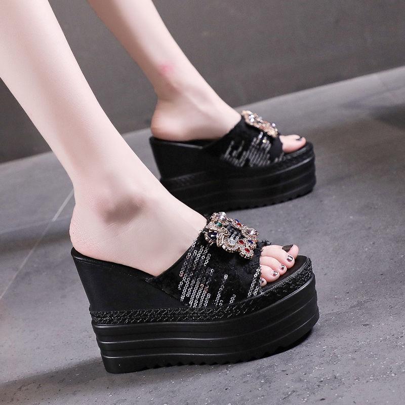 

Летние модные тапочки, женские однотонные тапочки на очень высоком каблуке, женские нескользящие тапочки на толстой подошве, обувь на возвышении 38 чёрный