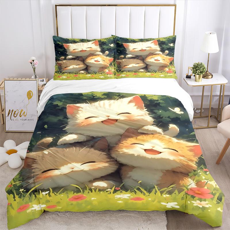 3pcs Three kittens Quilt Cover Set (1 Quilt Cover + 2 Pillowcases Without Pillow Core), High-Definition Printing for Home and Dormitory.L108