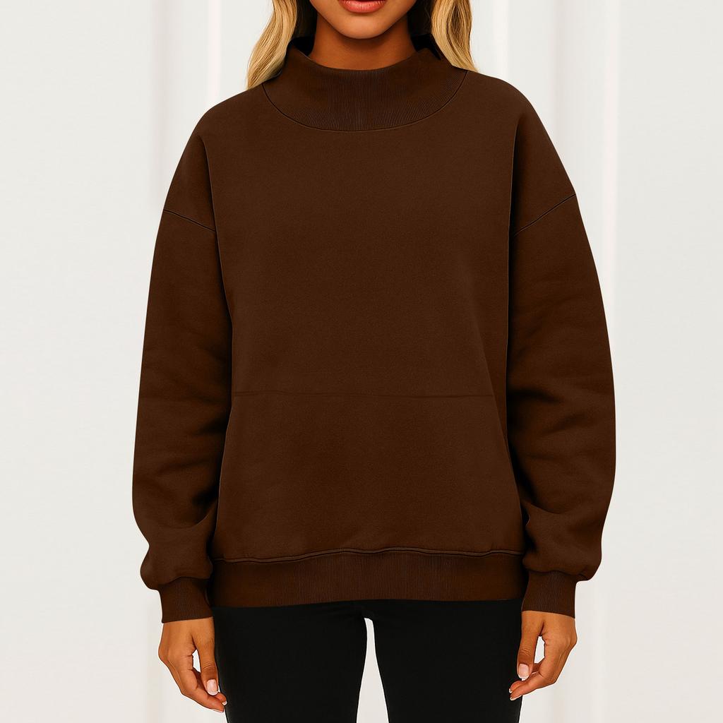 Women's Fashionable Casual Solid Color Round Neck Long Sleeved Pocket Sports Casual Pullover Sweatshirt Top