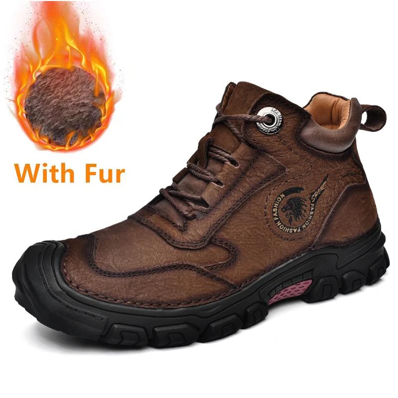 Fashion Hiking Men Boots New Leather Outdoor Walking Boots Man Non-Slip Retro Man Casual Boots Winter Warm Comfy Leather Men's Shoes