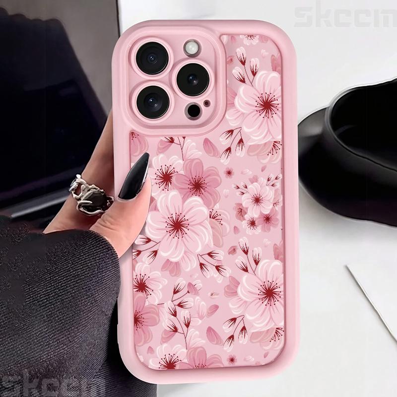Pink Peach Flower Phone Case For iPhone 16 16E 15 14 13 12 11 Pro Max X XR XS Max 7 8 Plus Anti-Drop Silicone Soft Cover