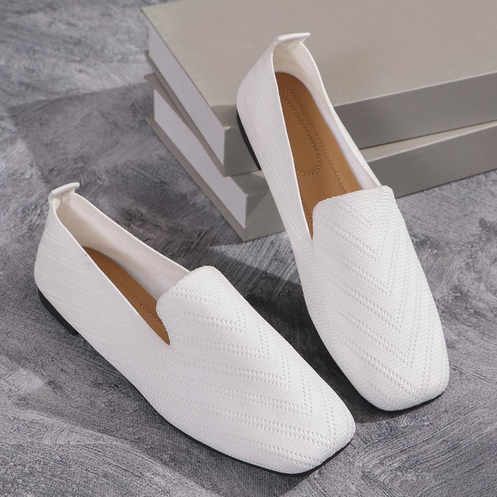 Fashion 2024 Solid Color Square Toe Mesh Loafers Shallow Women Flats Shoes Soft Bottom Knit Ballet Flats Shoes Casual Slip On Shoes