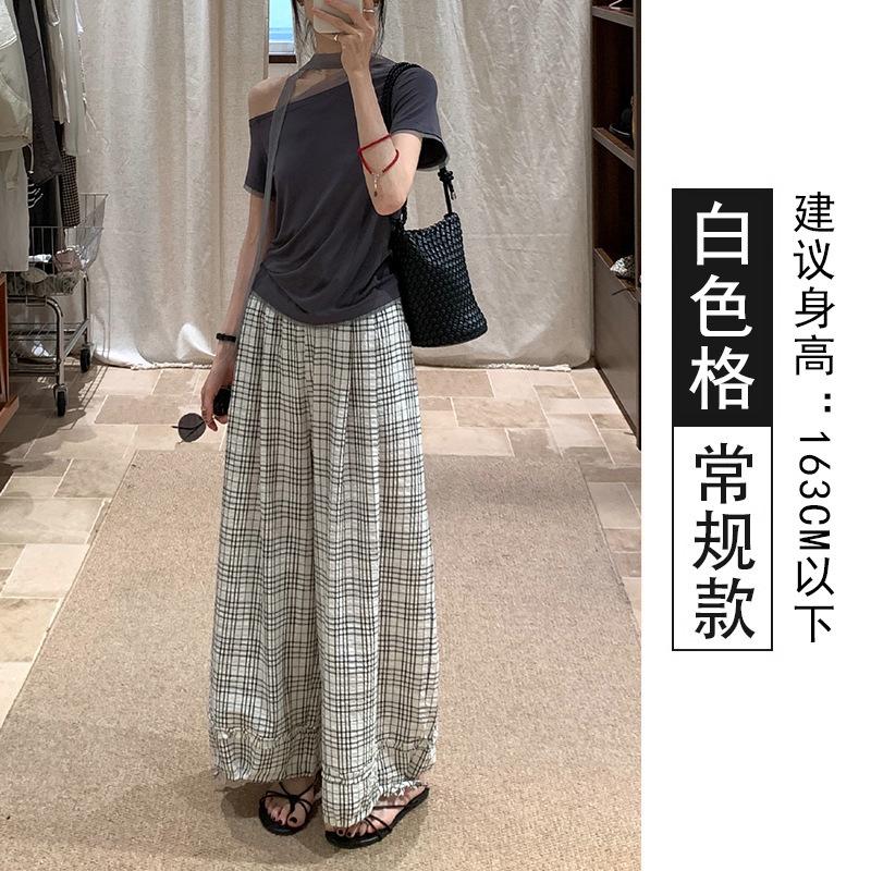 

American retro spring and autumn new lazy high street loose graffiti print plaid daily casual wide-leg trousers S