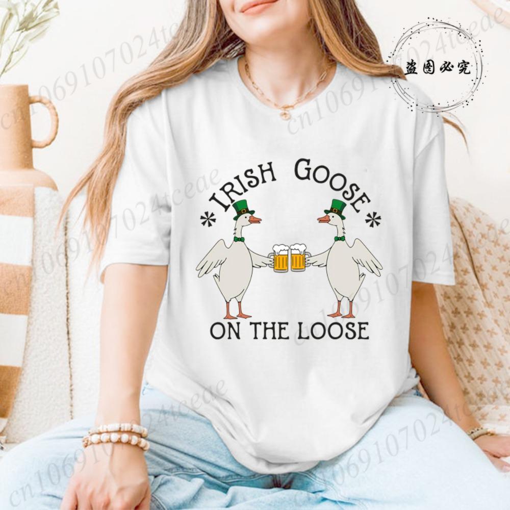 Lucky Goose on The Loose Printed Tshirt Shirt for Women St Patrick's Day T-Shirts Short Sleeve Drinking Goose Fashion Tops Tees
