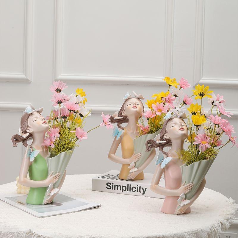 Nordic Girl Holding Vase with Artificial Flowers, Elegant Artistic Resin Home Decor Statue for Living Room, Entryway & TV Cabinet