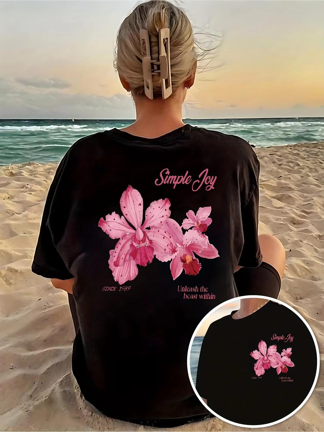 Womens Pink Orchid Print TShirt Sleeve Round Neck Top Summer Style Tshirt Comfortable Womens Clothing Top Aesthetic Clothes S