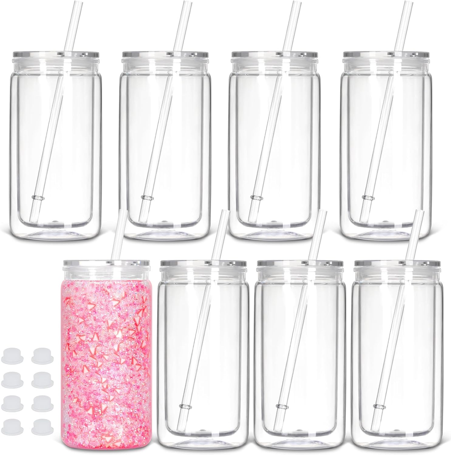 

8 Pack plastic Snow Globe Tumbler, 16 Oz Double Wall Plastic Can with Lid and Straw, Plastic Mason Jar Mug for Snow Globe Glitter DIY Gift (Clear) чистый