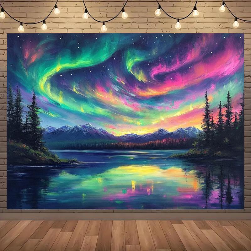 Nighttime Forest Polyester Photography Background and Party Banner - Vibrant Aurora Scene, Yzb