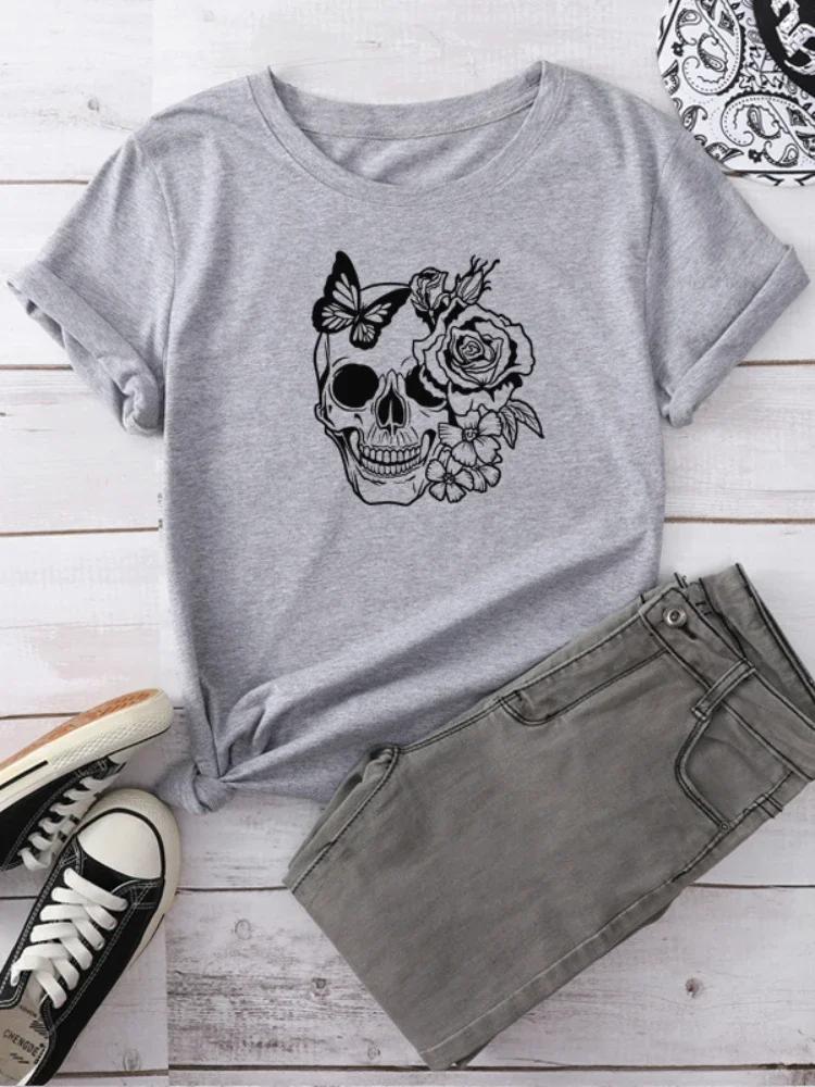 

Женская футболка с принтом розы в виде черепа, с коротким рукавом, с круглым вырезом, свободная, женская футболка, модная женская футболка, топы, одежда, camisetas mujer XXXL светло-серый