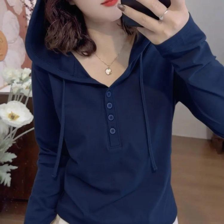 Women's Korean Style Solid Color Hoodie Sweatshirts Versatile Elegant Cotton Top