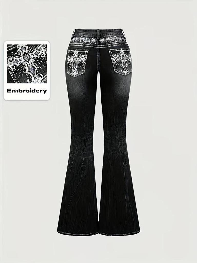 Jeans da donna slim micro-svasati con tasche ricamate e lavaggio scuro