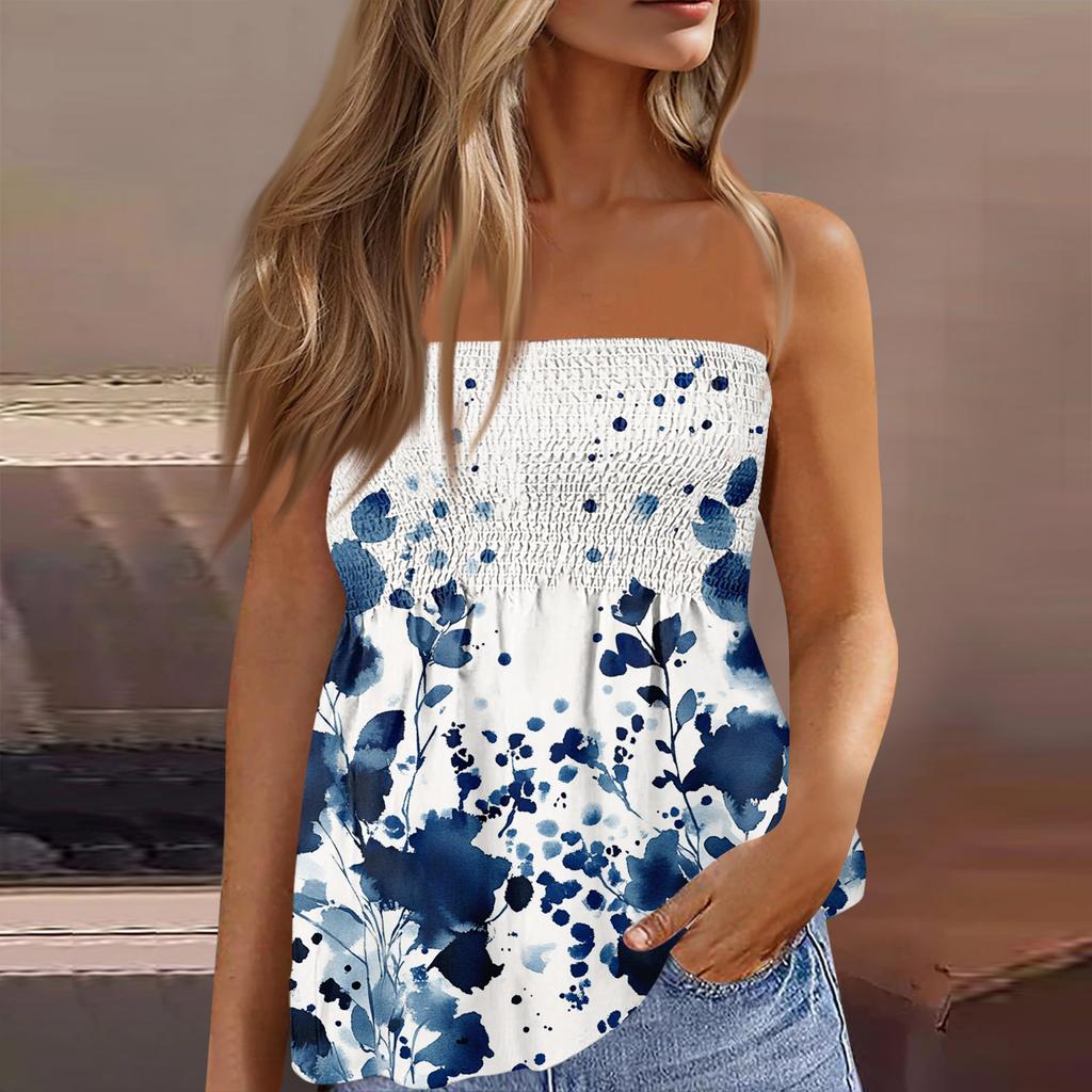 Women's Fashionable And Sexy Backless Elastic Floral Print Strapless Slimming T-shirt Top
