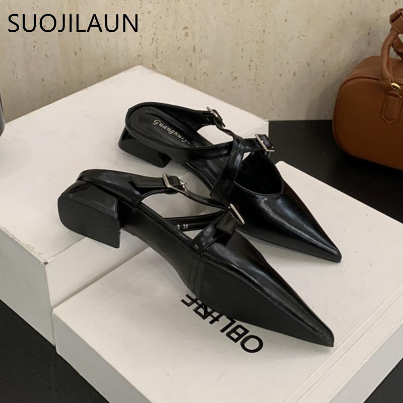 Fashion SUOJIALUN 2025 Autumn Women Flat Heel Slipper Fashion Pointed Toe Slip On Mules Shoes Soft Casual Outdoor Dress Sandal Slides Sh