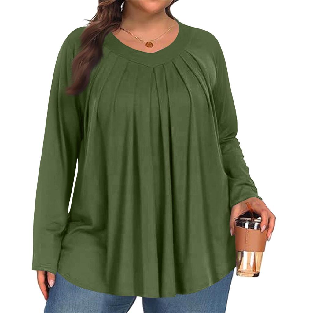 Women's Plus Size Fashion Solid Colour Casual Pleated Round Neck Long Sleeve Top
