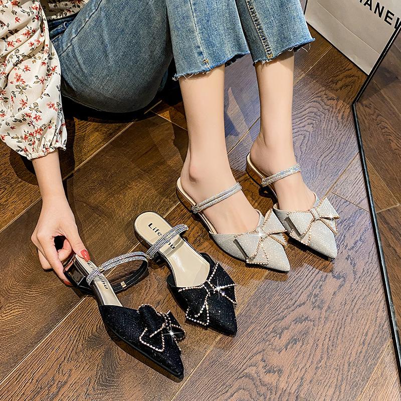 Plus Size New Shoes for Women Modern Sandals Girl Low Heels Pointed Toe Bowknot Pumps Ladies Summer Beautiful Slipper Party
