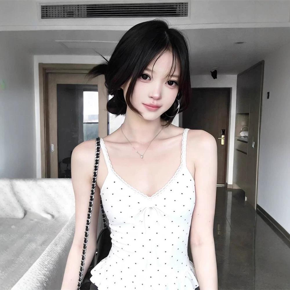 Korean White Sweet Polka Dot Ruffle Hem Sling Vest Women's Spring New Inner Sleeveless Stacked Top