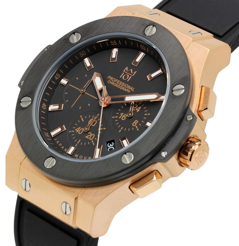 Zegarek 100m wodoodporny chronograf wyświetlanie daty gumowy pasek czarny x różowe złoto [HYAKUICHI 101] męski