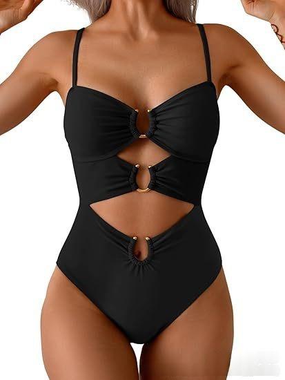 European and American swimsuit women's sexy splicing metal buckle hollow one-piece swimsuit hot spring vacation swimsuit women