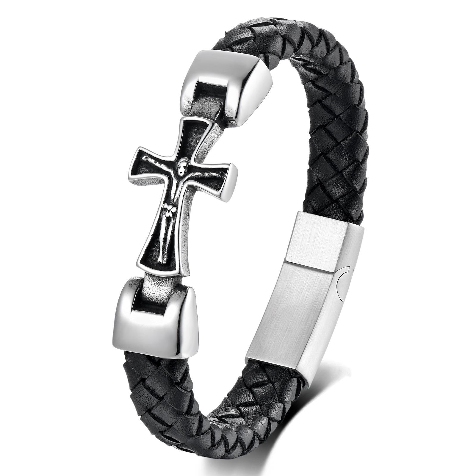Fashion Jewelry Punk Style Cross Braided Leather Bracelet for Men Stainless Steel Bracelet Large Cross Woven Rope Bracelet Punk&19CM