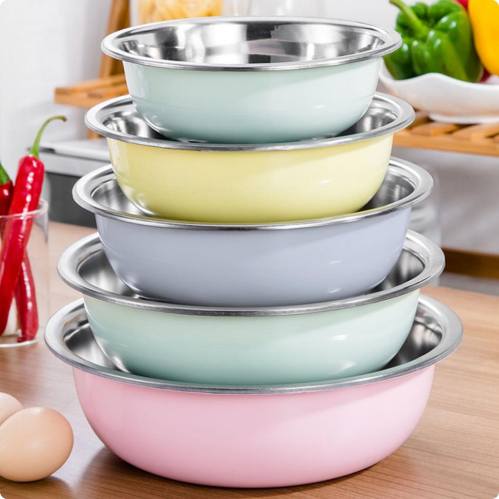5 Pieces Bowl Set with Colander Multicolor Metal Wash Bowls Nested Stainless Bowls Nestable Design Colorful Kitchen Bowl Set