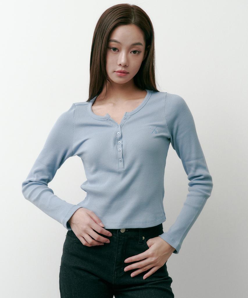 Solteuaenchokollis Ribbed Henley Neck Long Sleeve T-Shirt Sky Blue 4W2511001