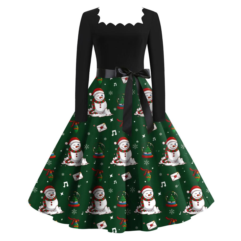 Women's Fashion Retro Long-sleeved Square Collar Christmas Printed Evening Dress